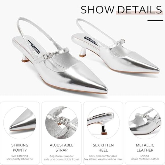 34-NIB SLINGBACK KITTEN HEELS POINTED TOE SHOES - Picture 1 of 6